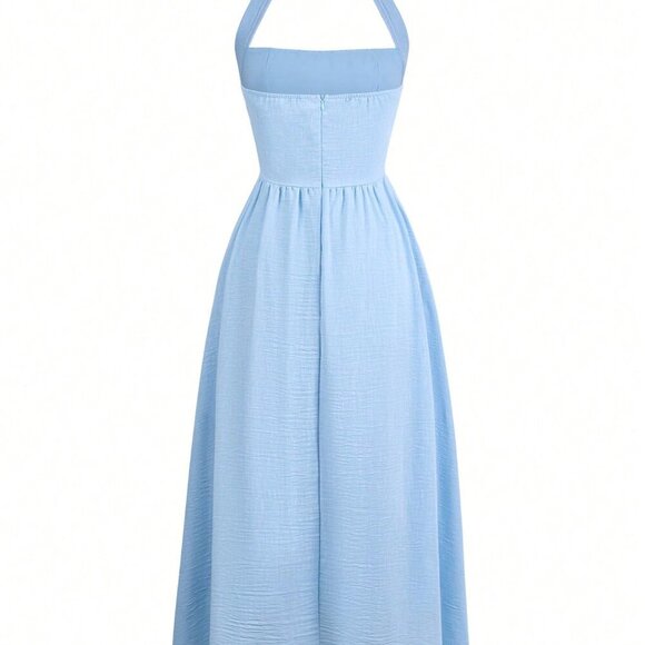 Blue Elegant Women's Hanging halter Neck Long Dress - Picture 6 of 11